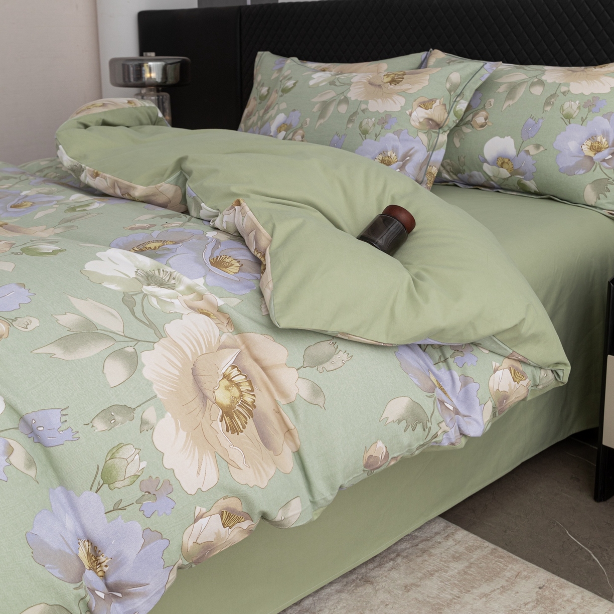 91家纺网 家纺一手货源 找家纺 晶缦家纺 2025新款加厚纯棉全棉磨毛四件套 花灿烂绿