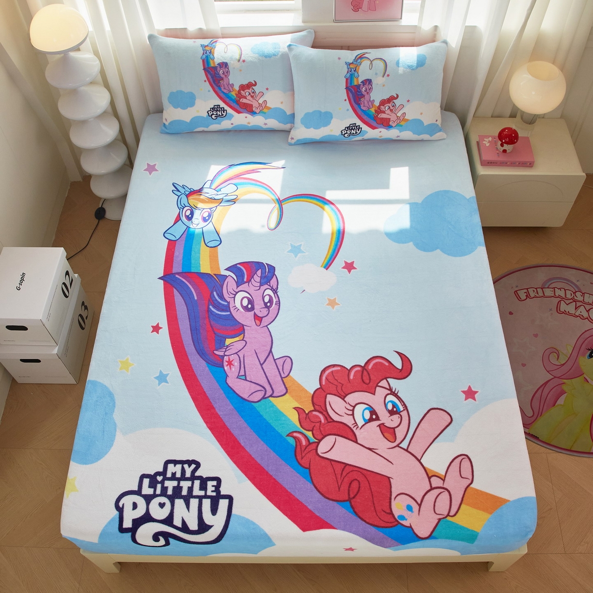 91家纺网 家纺一手货源 找家纺 蘭菲家纺 2025新款小马宝莉牛奶绒单床笠 床笠单件 嗨皮(宝莉)