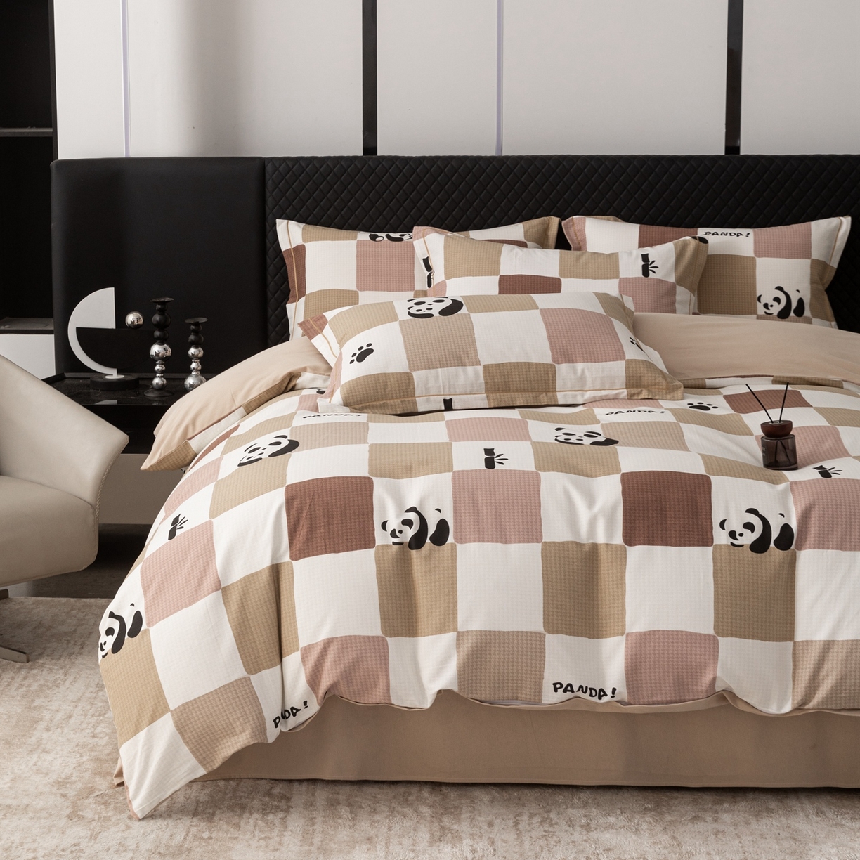 91家纺网 家纺一手货源 找家纺 晶缦家纺 2025新款加厚纯棉全棉磨毛四件套 格调熊猫棕