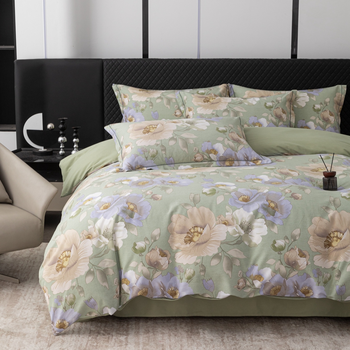 91家纺网 家纺一手货源 找家纺 晶缦家纺 2025新款加厚纯棉全棉磨毛四件套 花灿烂绿