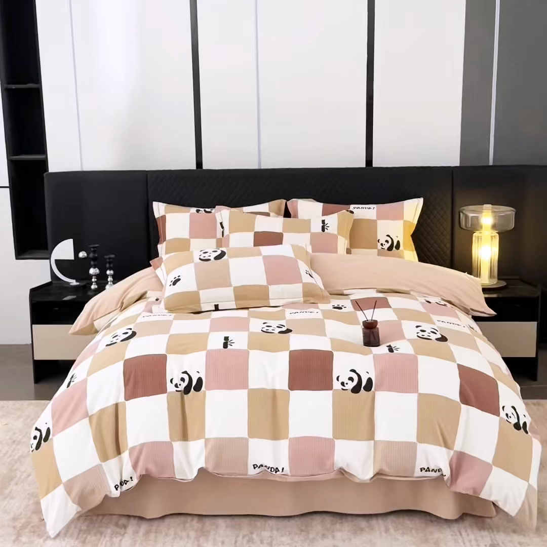 91家纺网 家纺一手货源 找家纺 晶缦家纺 2025新款加厚纯棉全棉磨毛四件套 格调熊猫棕