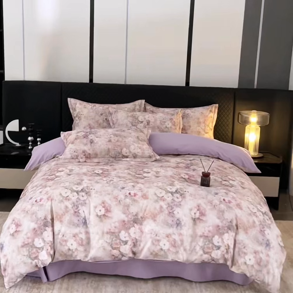 91家纺网 家纺一手货源 找家纺 晶缦家纺 2025新款加厚纯棉全棉磨毛四件套 花曲里粉