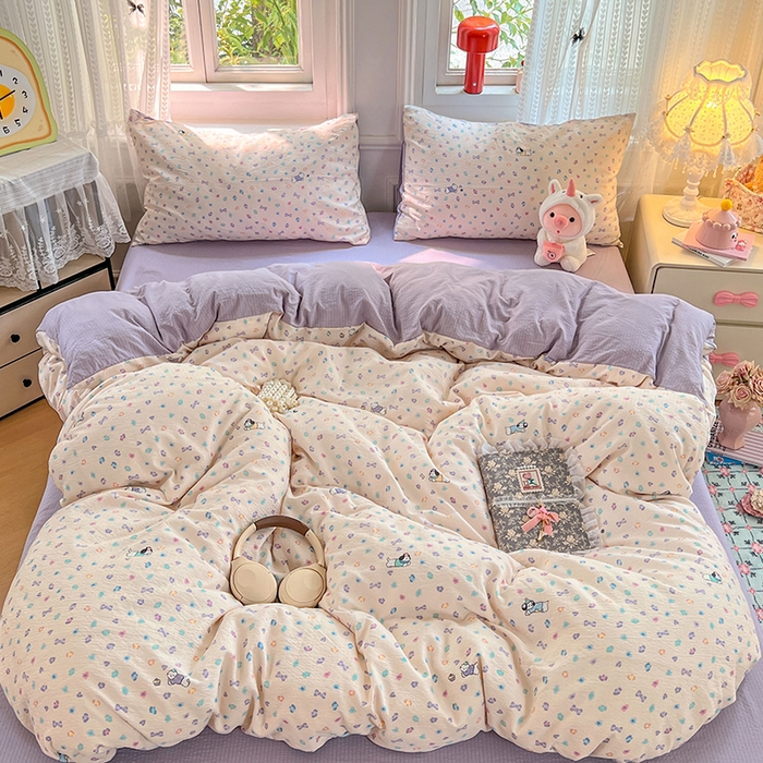 91家纺网 家纺一手货源 找家纺 优佳优品 2025新款高克重云感双层纱印花四件套 彩心萌踪