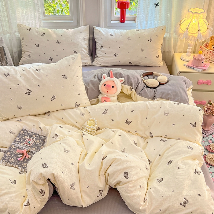 优佳优品 2025新款高克重云感双层纱印花四件套 蝶语素织