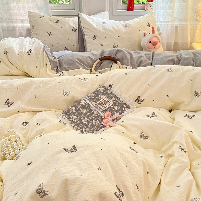 91家纺网 家纺一手货源 找家纺 优佳优品 2025新款高克重云感双层纱印花四件套 蝶语素织