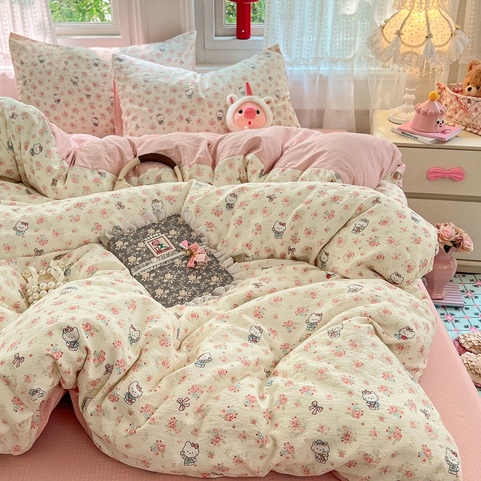 91家纺网 家纺一手货源 找家纺 优佳优品 2025新款高克重云感双层纱印花四件套 花笺喵韵