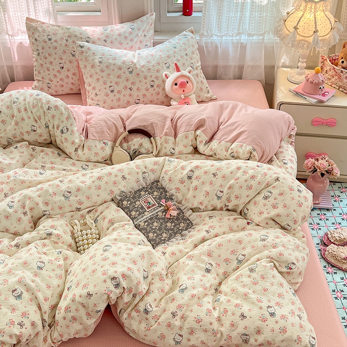 91家纺网 家纺一手货源 找家纺 优佳优品 2025新款高克重云感双层纱印花四件套 花笺喵韵