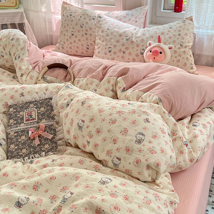 91家纺网 家纺一手货源 找家纺 优佳优品 2025新款高克重云感双层纱印花四件套 花笺喵韵