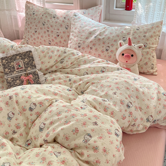 91家纺网 家纺一手货源 找家纺 优佳优品 2025新款高克重云感双层纱印花四件套 花笺喵韵