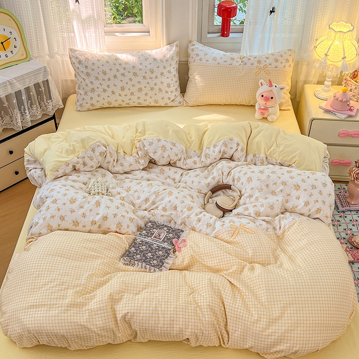 91家纺网 家纺一手货源 找家纺 优佳优品 2025新款高克重云感双层纱印花四件套 暖格花町