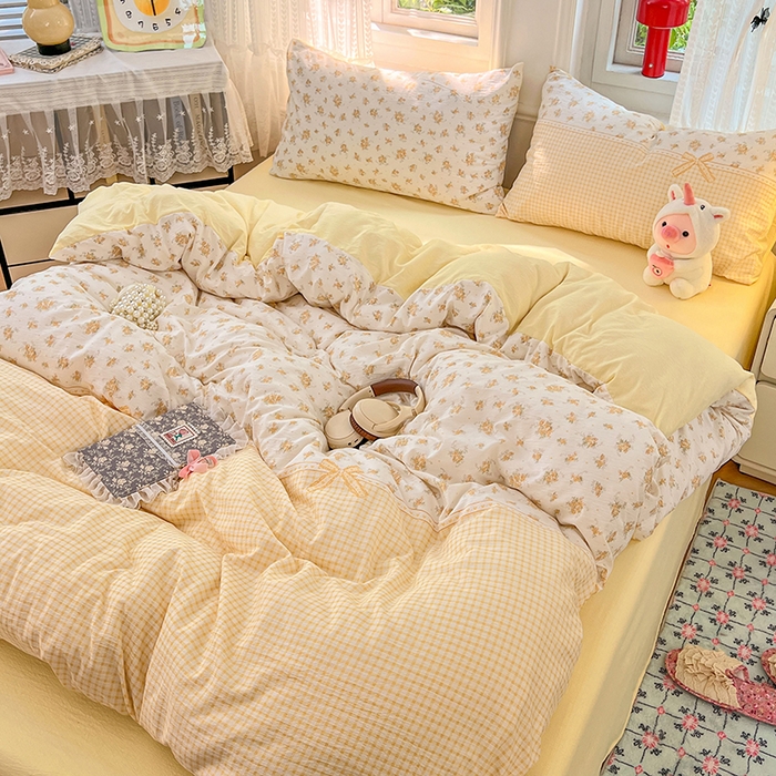 91家纺网 家纺一手货源 找家纺 优佳优品 2025新款高克重云感双层纱印花四件套 暖格花町