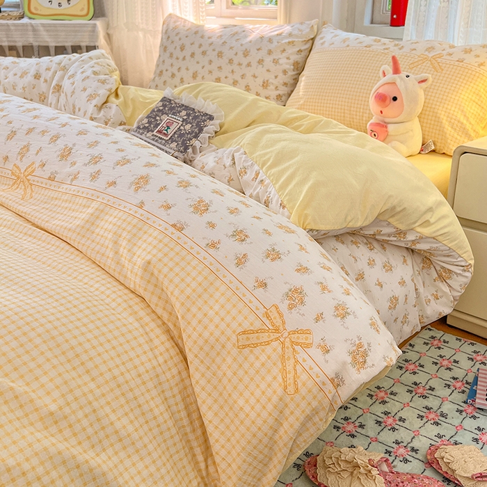 91家纺网 家纺一手货源 找家纺 优佳优品 2025新款高克重云感双层纱印花四件套 暖格花町