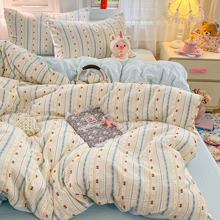 91家纺网 家纺一手货源 找家纺 优佳优品 2025新款高克重云感双层纱印花四件套 条语梦栖