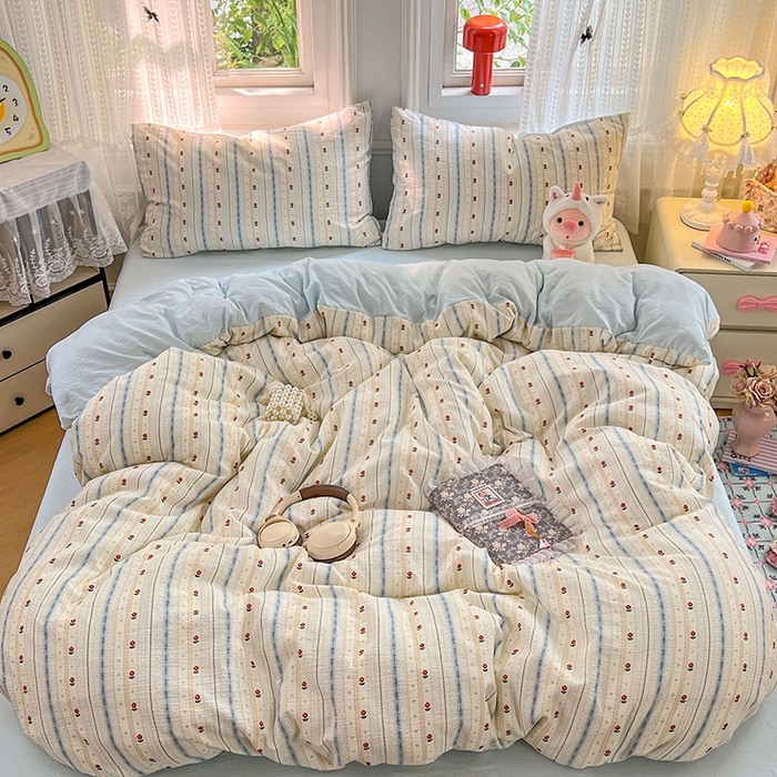 91家纺网 家纺一手货源 找家纺 优佳优品 2025新款高克重云感双层纱印花四件套 条语梦栖