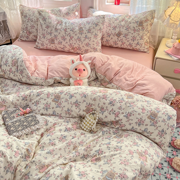 91家纺网 家纺一手货源 找家纺 优佳优品 2025新款高克重云感双层纱印花四件套 熊花私语