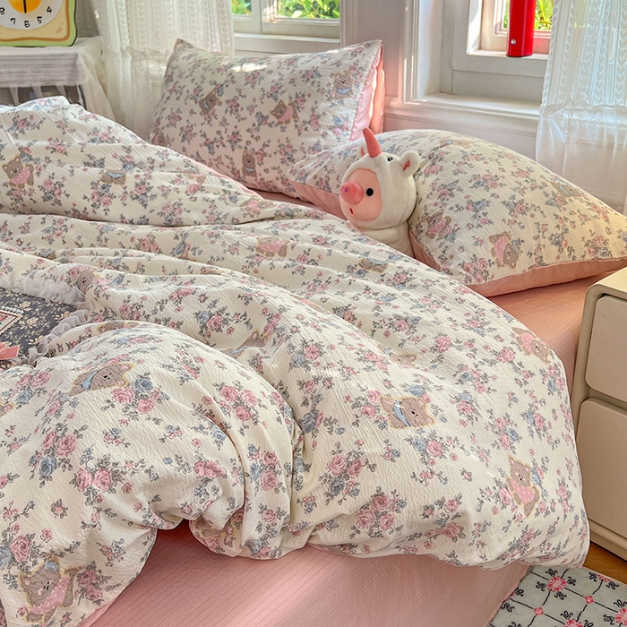 91家纺网 家纺一手货源 找家纺 优佳优品 2025新款高克重云感双层纱印花四件套 熊花私语