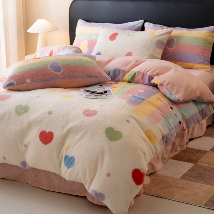 91家纺网 家纺一手货源 找家纺 梦纤绒 2025新款兔毛绒四件套 彩虹爱心