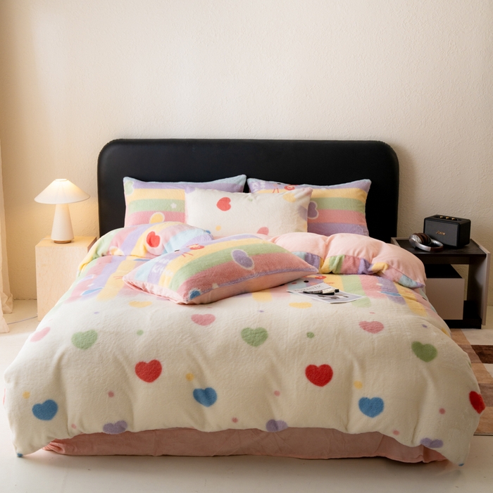 梦纤绒 2025新款兔毛绒四件套 彩虹爱心