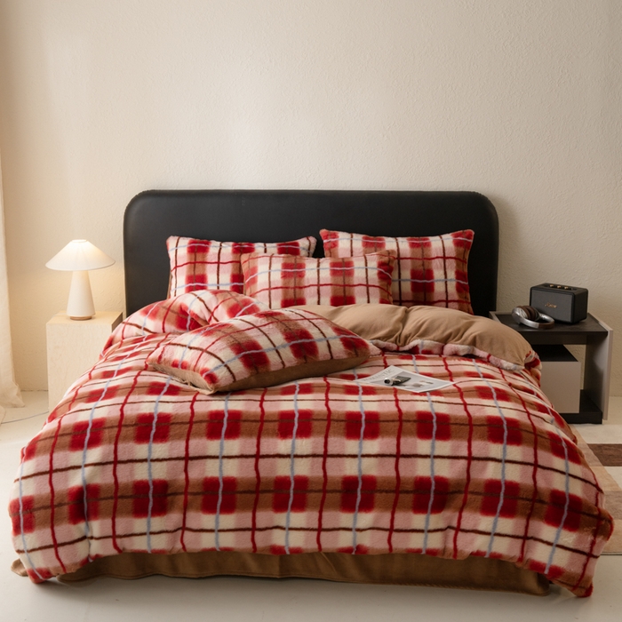 梦纤绒 2025新款兔毛绒四件套 简约方格红