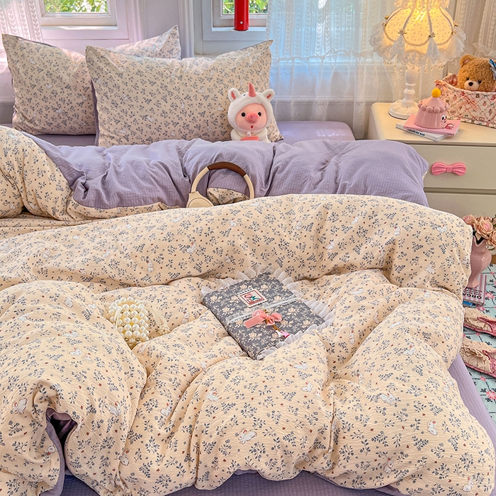 91家纺网 家纺一手货源 找家纺 优佳优品 2025新款高克重云感双层纱印花四件套 枝兔梦笺