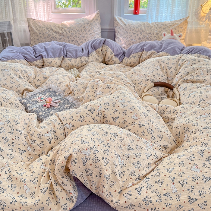 91家纺网 家纺一手货源 找家纺 优佳优品 2025新款高克重云感双层纱印花四件套 枝兔梦笺