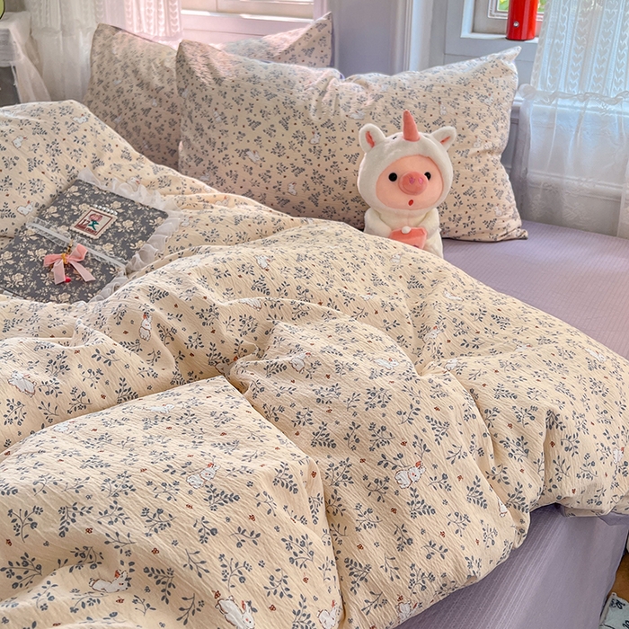 91家纺网 家纺一手货源 找家纺 优佳优品 2025新款高克重云感双层纱印花四件套 枝兔梦笺