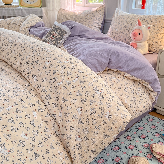 91家纺网 家纺一手货源 找家纺 优佳优品 2025新款高克重云感双层纱印花四件套 枝兔梦笺