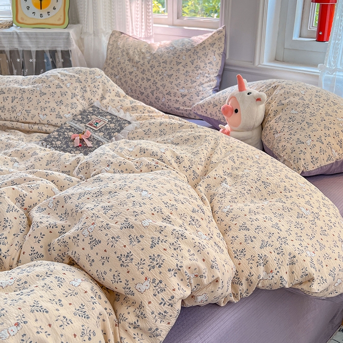 91家纺网 家纺一手货源 找家纺 优佳优品 2025新款高克重云感双层纱印花四件套 枝兔梦笺