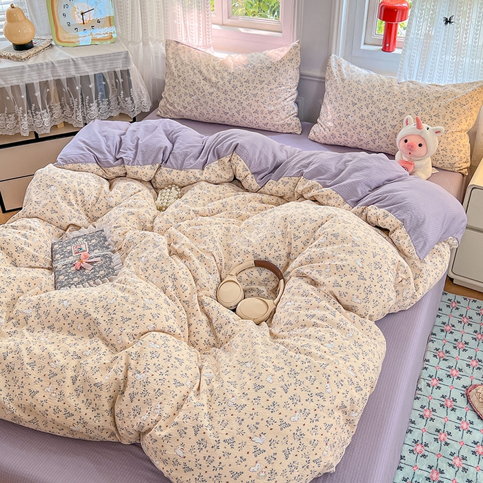 91家纺网 家纺一手货源 找家纺 优佳优品 2025新款高克重云感双层纱印花四件套 枝兔梦笺