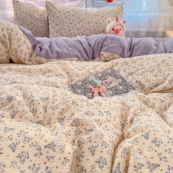 91家纺网 家纺一手货源 找家纺 优佳优品 2025新款高克重云感双层纱印花四件套 枝兔梦笺