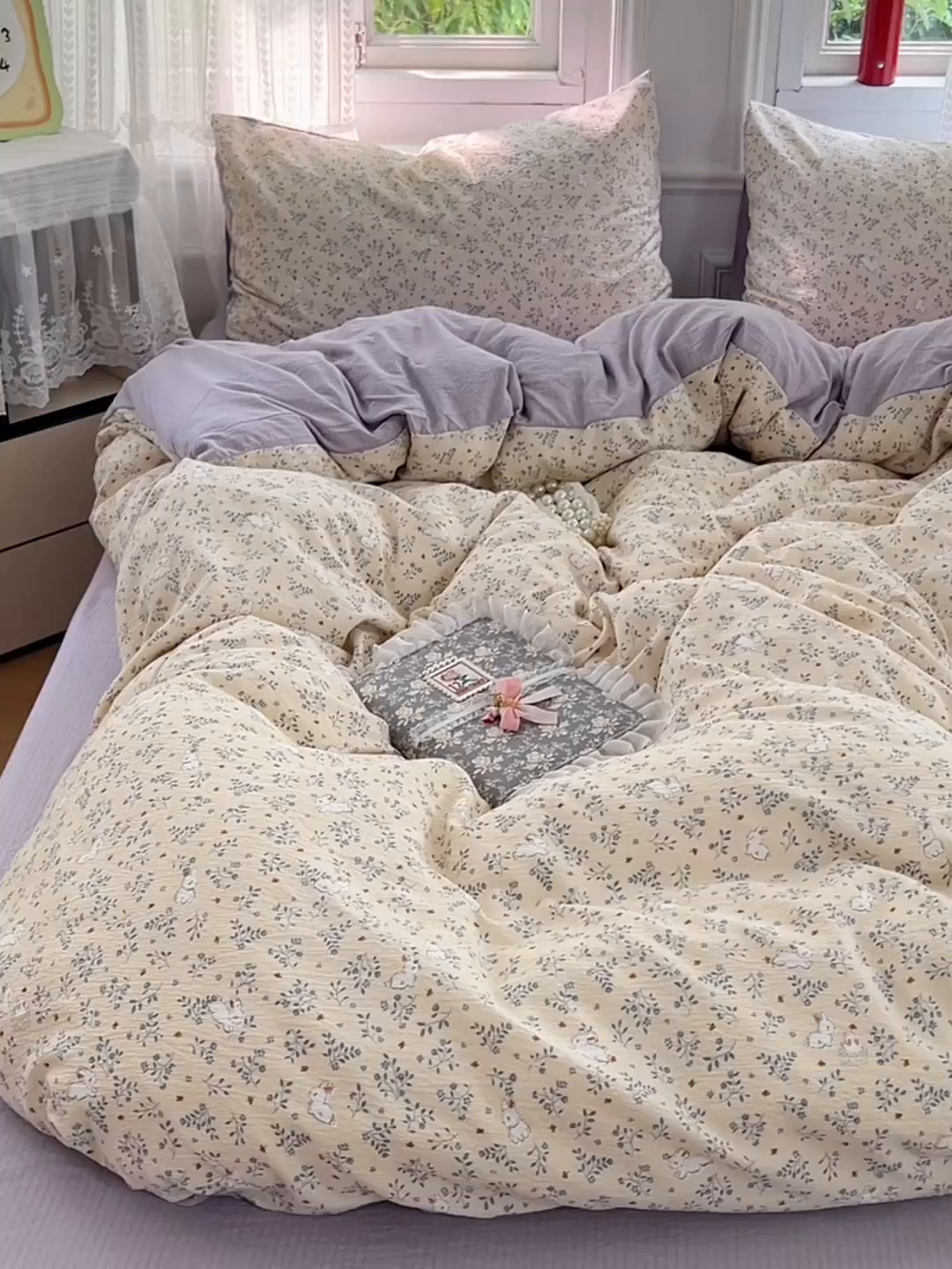 91家纺网 家纺一手货源 找家纺 优佳优品 2025新款高克重云感双层纱印花四件套 枝兔梦笺