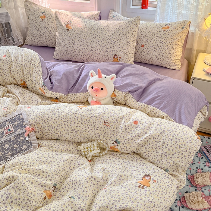 91家纺网 家纺一手货源 找家纺 优佳优品 2025新款高克重云感双层纱印花四件套 紫絮童织