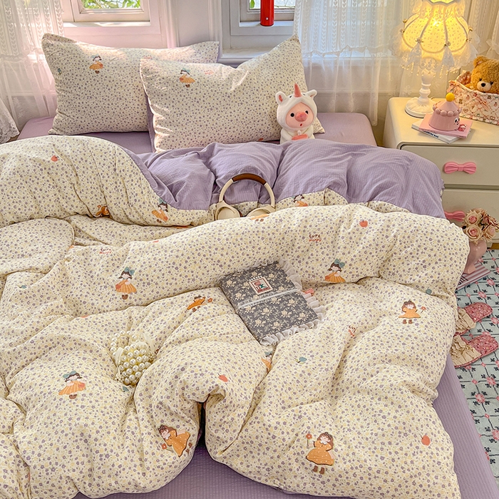 91家纺网 家纺一手货源 找家纺 优佳优品 2025新款高克重云感双层纱印花四件套 紫絮童织