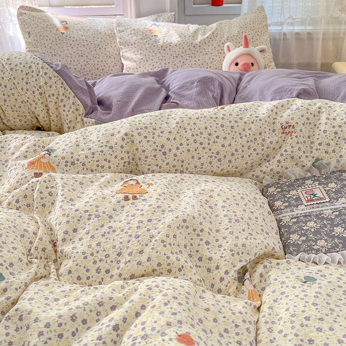 91家纺网 家纺一手货源 找家纺 优佳优品 2025新款高克重云感双层纱印花四件套 紫絮童织