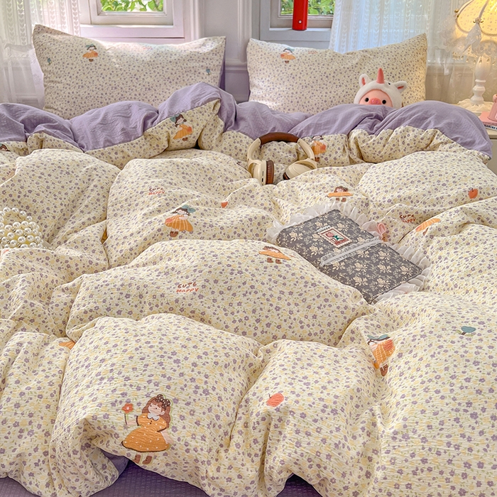 91家纺网 家纺一手货源 找家纺 优佳优品 2025新款高克重云感双层纱印花四件套 紫絮童织