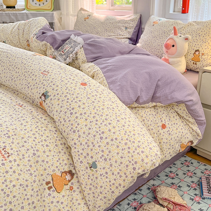 91家纺网 家纺一手货源 找家纺 优佳优品 2025新款高克重云感双层纱印花四件套 紫絮童织