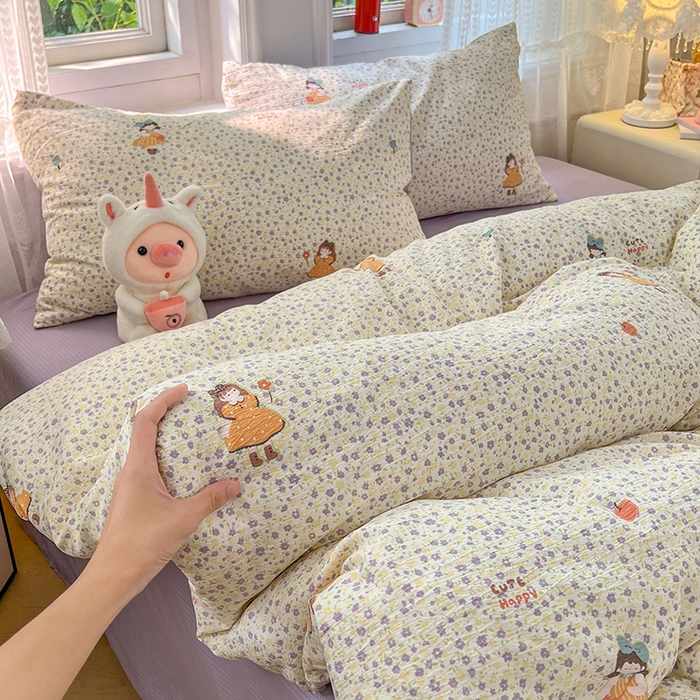 91家纺网 家纺一手货源 找家纺 优佳优品 2025新款高克重云感双层纱印花四件套 紫絮童织