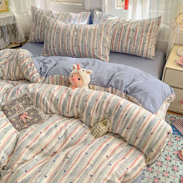 91家纺网 家纺一手货源 找家纺 优尚佳生活馆 2025新款高克重云感双层纱印花四件套 彩条心梦