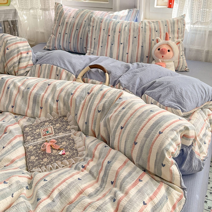 91家纺网 家纺一手货源 找家纺 优尚佳生活馆 2025新款高克重云感双层纱印花四件套 彩条心梦