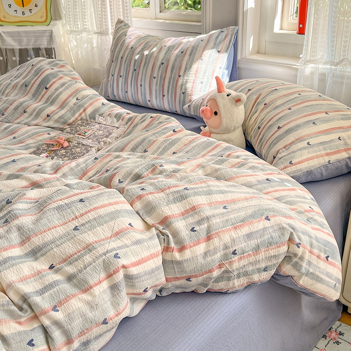 91家纺网 家纺一手货源 找家纺 优尚佳生活馆 2025新款高克重云感双层纱印花四件套 彩条心梦