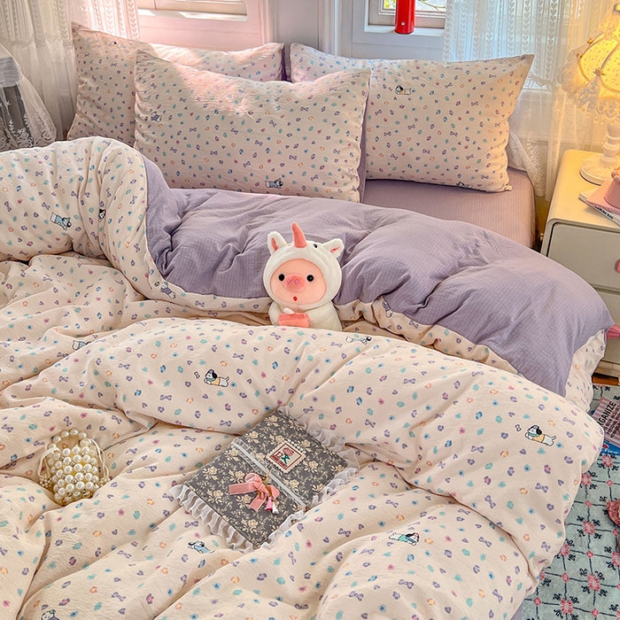 91家纺网 家纺一手货源 找家纺 优尚佳生活馆 2025新款高克重云感双层纱印花四件套 彩心萌踪