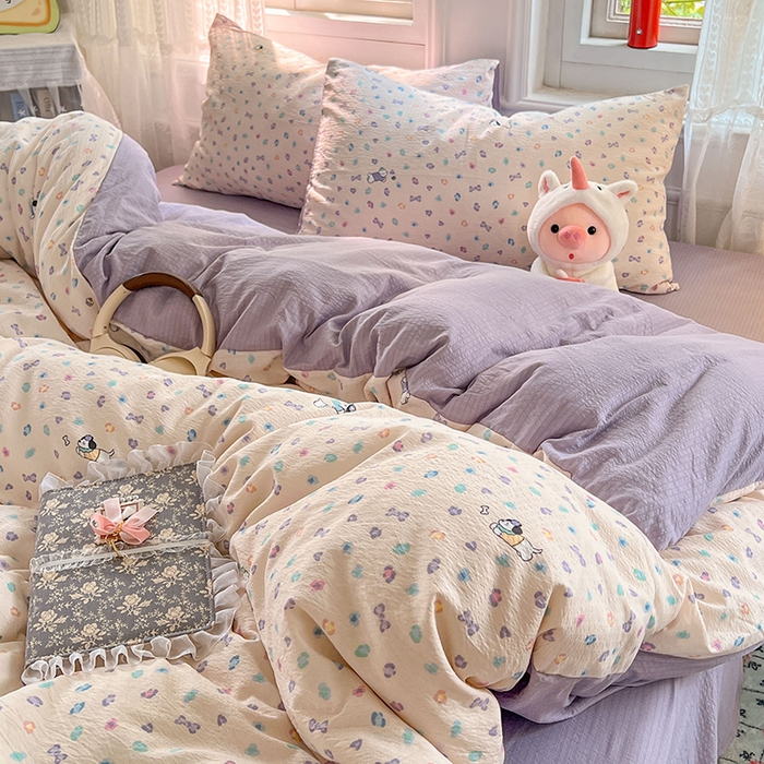 91家纺网 家纺一手货源 找家纺 优尚佳生活馆 2025新款高克重云感双层纱印花四件套 彩心萌踪