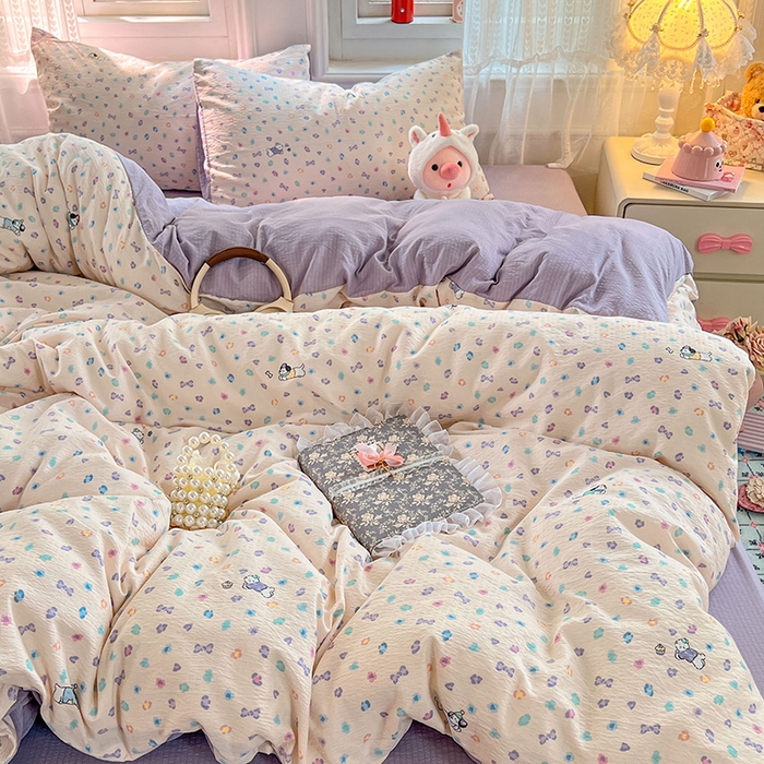 91家纺网 家纺一手货源 找家纺 优尚佳生活馆 2025新款高克重云感双层纱印花四件套 彩心萌踪