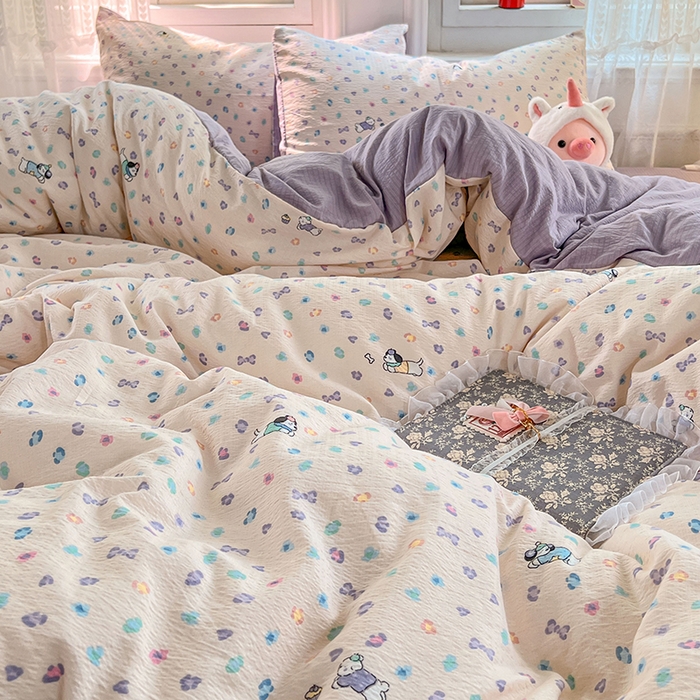 91家纺网 家纺一手货源 找家纺 优尚佳生活馆 2025新款高克重云感双层纱印花四件套 彩心萌踪