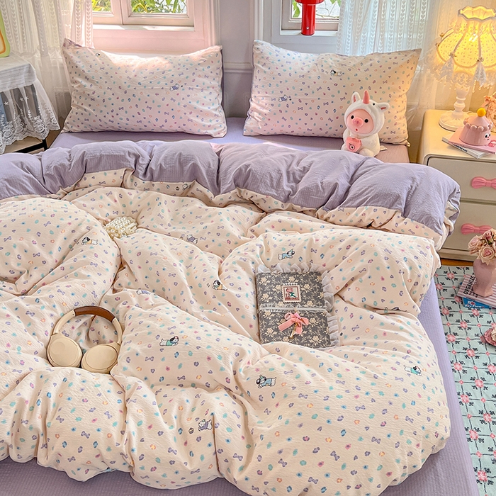 91家纺网 家纺一手货源 找家纺 优尚佳生活馆 2025新款高克重云感双层纱印花四件套 彩心萌踪