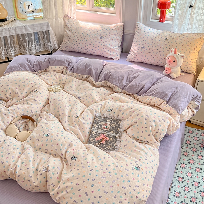 91家纺网 家纺一手货源 找家纺 优尚佳生活馆 2025新款高克重云感双层纱印花四件套 彩心萌踪