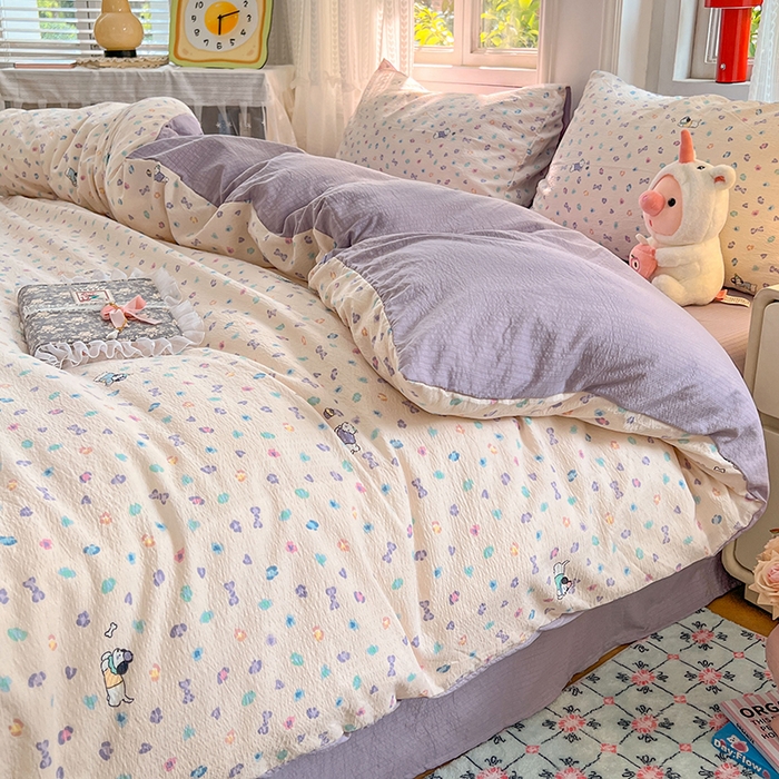 91家纺网 家纺一手货源 找家纺 优尚佳生活馆 2025新款高克重云感双层纱印花四件套 彩心萌踪