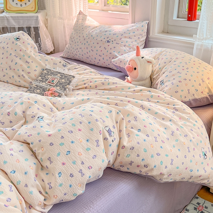 91家纺网 家纺一手货源 找家纺 优尚佳生活馆 2025新款高克重云感双层纱印花四件套 彩心萌踪