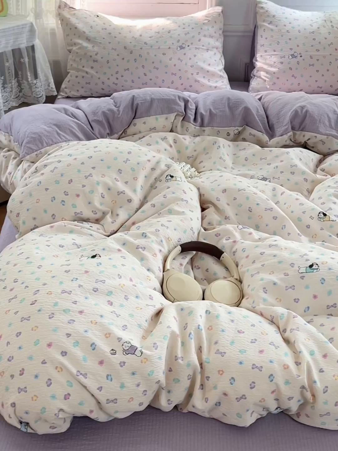 91家纺网 家纺一手货源 找家纺 优尚佳生活馆 2025新款高克重云感双层纱印花四件套 彩心萌踪