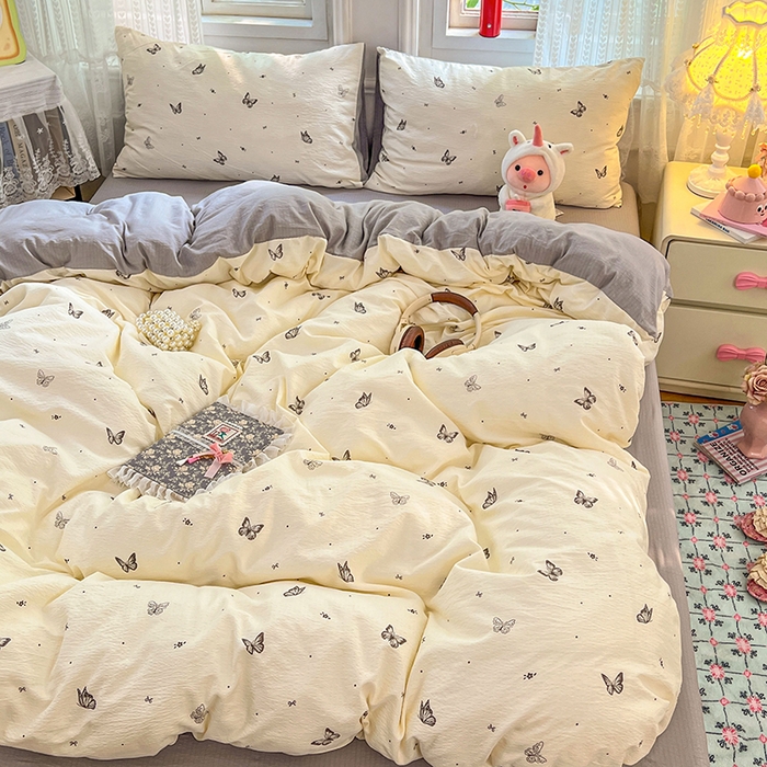 91家纺网 家纺一手货源 找家纺 优尚佳生活馆 2025新款高克重云感双层纱印花四件套 蝶语素织